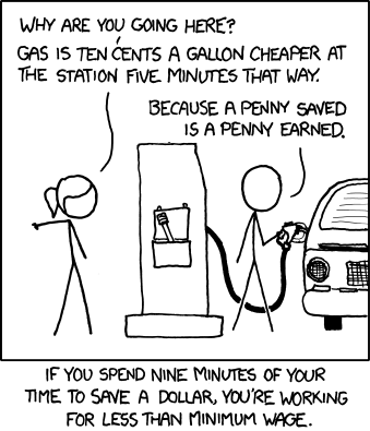 And if you drive a typical car more than a mile out of your way for each penny you save on the per-gallon price, it doesn't matter how worthless your time is to you--the gas to get you there and back costs more than you save.