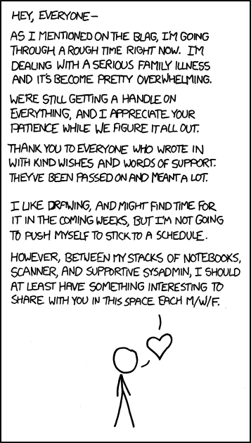 <3 If there’s anything you can do, I’ll let you know. For the moment, any simple distracting online games sent to sick@xkcd.com will not go unappreciated  [EDIT; Holy crap 2,700 games before noon. I love you guys: thank you. They will be passed along and played by us all.]