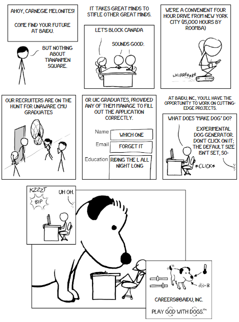 Mouse over words and things to see where they come from. Different title text: This comic went up on April 1st, and the panels changed throughout the day in response to readers doing things like breaking hashes, editing a rapidly-shuffling set of target Wikipedia articles, and donating to Wikimedia Foundation. (The vandalism is over now and CMU won the hashing contest.) Different title text: Happy April 1st, Everyone! Different title text: uic has the third best hash. See the full standings at http://almamater.xkcd.com/best.csv Different title text: The dog gains a pound for every $10 donated to the Wikimedia Foundation via this link. Currently at $51135.33