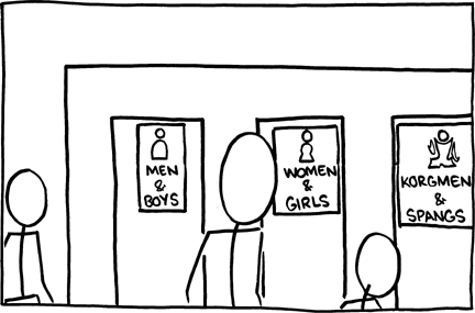 The restrooms have 3 doors. Clicking reveals that there the two standard gendered restrooms found in the majority of public buildings, and another one for "Korgmen & Spangs" which does not correspond to any known human trait. This could be a reference to the Marvel alien species the Korg.