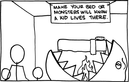 In this exhibit the sign claims that monsters will eat you if you do not make your bed. In some stories monsters specifically prey on children. This story might be used by parents to encourage children to make their beds. It also might regrettably convince a child that there are monsters under their beds and frighten them so they can not sleep.