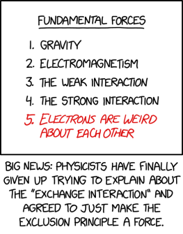 Fermions are weird about each other in a standoffish way. Integer-spin particles are weird about each other in a 'stand uncomfortably close while talking' kind of way.