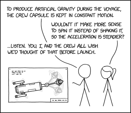 Low gravity can cause bone loss, so we're pleased to report that, since we initiated capsule motion, the number of bones in each crew member has been steadily increasing.