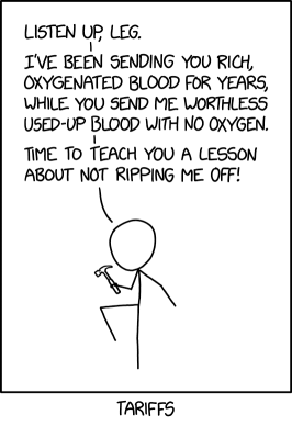 "You legs may have a comparative advantage at running, but we arms have a competitive advantage at swinging hammers, so unless you accept that we're the dominant limbs and stop hogging the oxygen, that running advantage won't be around for long."