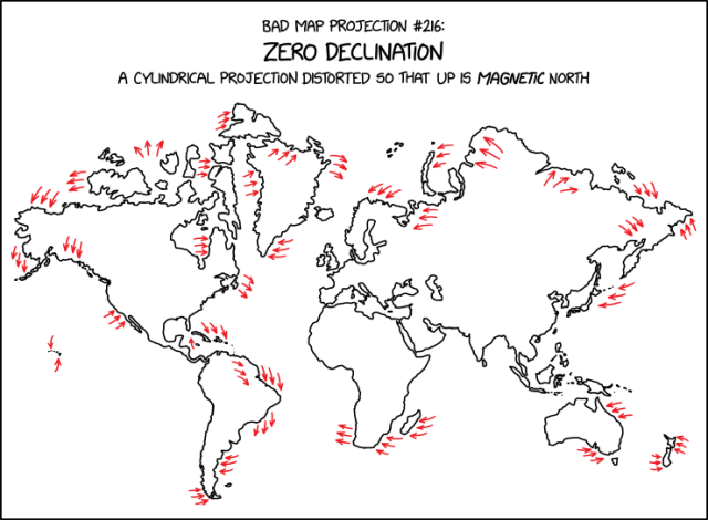 3207: Bad Map Projection: Zero Declination - explain xkcd