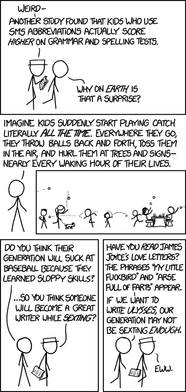 I'd like to find a corpus of writing writing from children in a non-self-selected sample (e.g. handwritten letters to the president from everyone in the same teacher's 7th grade class every year)--and score the kids today versus the kids 20 years ago on various objective measures of writing quality. I've heard the idea that exposure to all this amateur peer practice is hurting us, but I'd bet on the generation that conducts the bulk of their social lives via the written word over the generation that occasionally wrote book reports and letters to grandma once a year, any day.