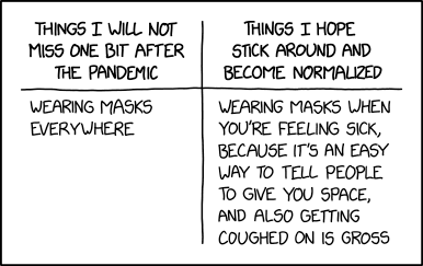 I'm looking forward to having to worry a lot less about covid, but wouldn't mind if we worried a little more about giving each other colds. Colds are bad!