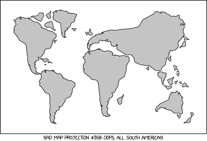 The projection does a good job preserving both distance and azimuth, at the cost of really exaggerating how many South Americas there are.