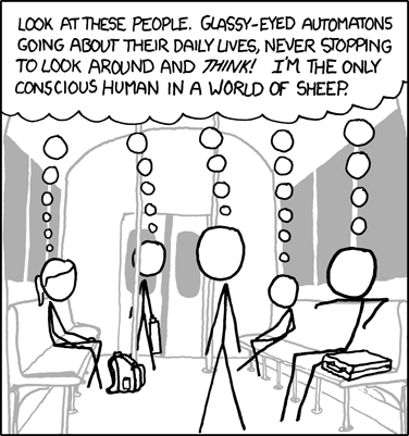 Hey, what are the odds -- five Ayn Rand fans on the same train! Must be going to a convention.