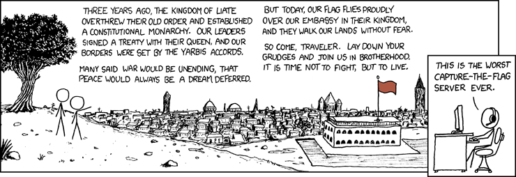 Eventually a UN is set up. And then a lone rebel runs down the line of flags in front of it, runs back to his base, and gets a kajillion points.