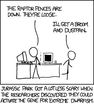 Title text: If at least one person has a nightmare about being swarmed by hundreds of mouse-sized dromaeosaurids, my work will have been done.