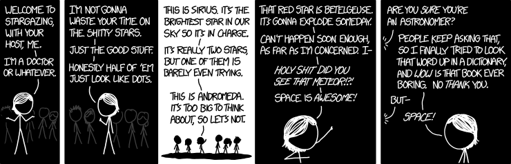 Some of you may be thinking, 'But wait, isn't the brightest star in our sky the Sun?' I think that's a great question and you should totally ask it. On the infinite tree of possible conversations spread out before us, I think that's definitely the most promising branch.