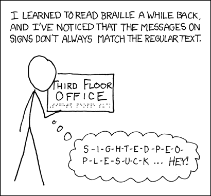 The only big difference I've seen is in colors. Where the regular text reads 'press red button', the braille reads 'press two-inch button'.