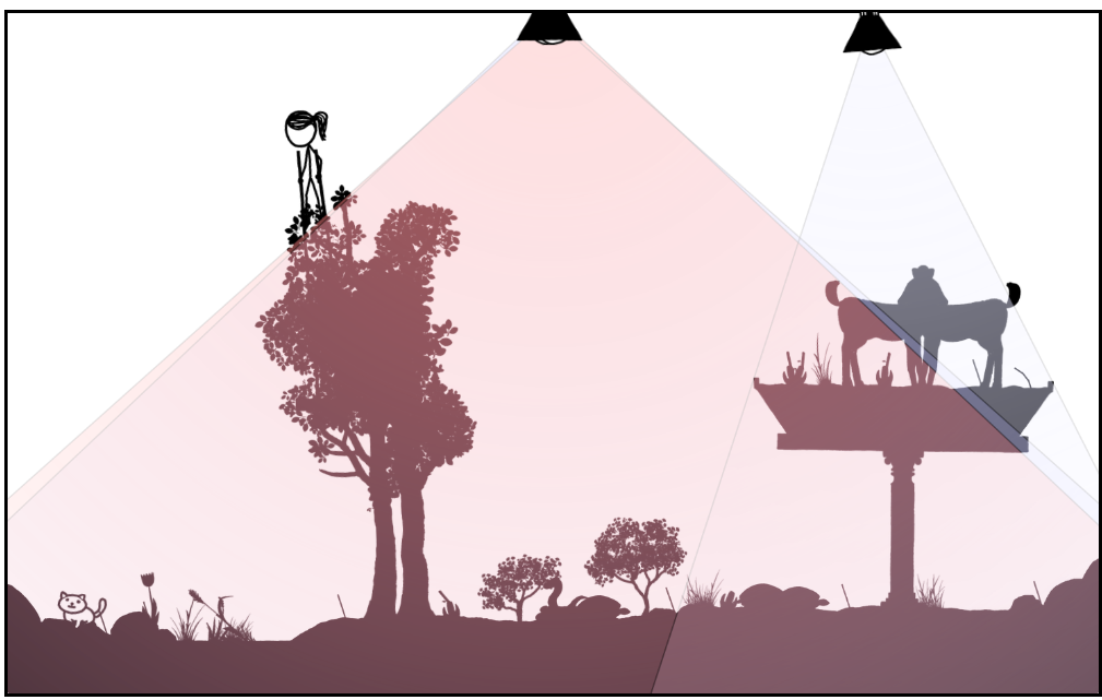 1663 garden Purple light with stilt girl in tree and planter with deer.png