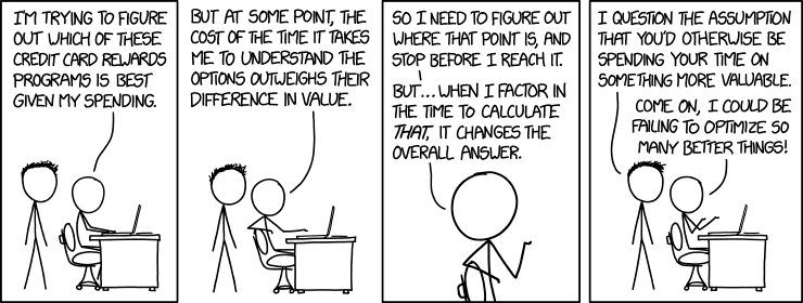 I should make a list of all the things I could be trying to optimize, prioritized by ... well, I guess there are a few different variables I could use. I'll create a spreadsheet ... eh