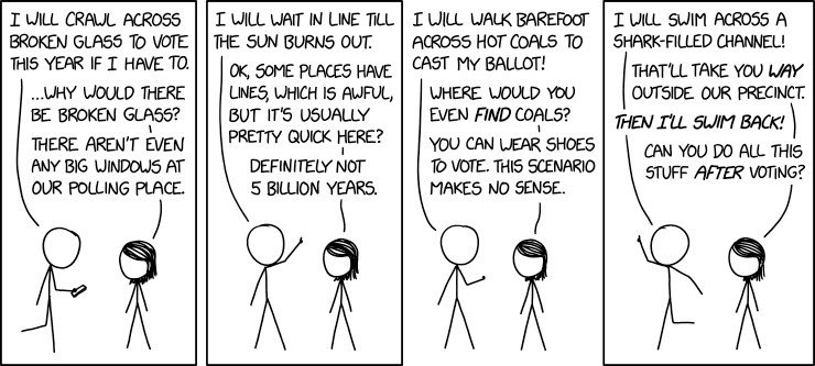 'Wait, our state has mail voting. The forms are literally on the kitchen table.' 'Not now, I'm busy researching which channels have sharks in them.'