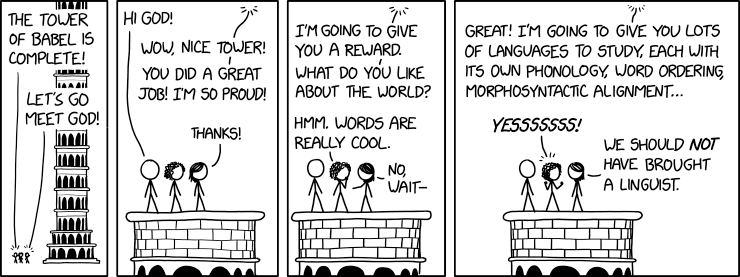 Soon, linguists will be wandering around everywhere, saying things like "colorless green ideas sleep furiously" and "more people have been to Russia than I have," and speech will become unintelligible.