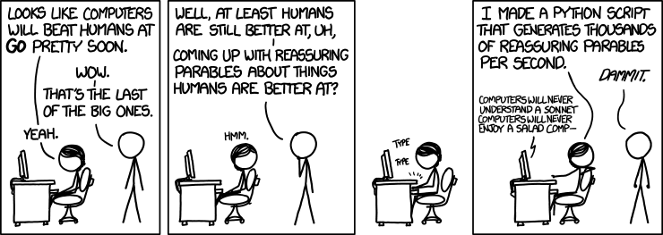 'At least humans are better at quietly amusing ourselves, oblivious to our pending obsolescence' thought the human, as a nearby Dell Inspiron contentedly displayed the same bouncing geometric shape screensaver it had been running for years.