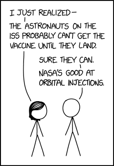 Because they orbit the Earth every 90 minutes, some astronauts should try to argue that, due to CDC regulations and time zone technicalities, they should be able to get their second dose just 30 or 40 hours after their first.