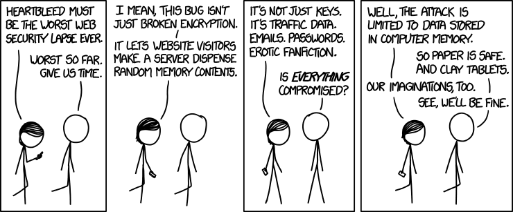 I looked at some of the data dumps from vulnerable sites, and it was... bad. I saw emails, passwords, password hints. SSL keys and session cookies. Important servers brimming with visitor IPs. Attack ships on fire off the shoulder of Orion, c-beams glittering in the dark near the Tannhäuser Gate. I should probably patch OpenSSL.