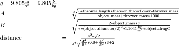 \begin{array}{lcl}g = 9.805 \frac{\mathrm m}{{\mathrm s}^2} = 9.805 \frac{\mathrm N}{\mathrm{kg}}\\
A&=&\sqrt[3]{\frac {3 * \mathrm{thrower\_length} * \mathrm{thrower\_throwPower} * \mathrm{thrower\_mass}} {\mathrm{object\_mass} + \mathrm{thrower\_mass} / 1000}}\\
B&=&\sqrt{\frac{2 * \mathrm{object\_mass} * g}{\pi * {(\mathrm{object\_diameter} / 2)}^2 * 1.2041 \frac{\mathrm{kg}}{{\mathrm m}^3} * \mathrm{object\_dragC}}}\\
\mathrm{distance}&=&\frac{A^2 * \sqrt2} {g * \sqrt{\frac{A^4} { B^4} * 0.8 + \frac{A^2} {B^2} * 3 + 2}}\end{array} 