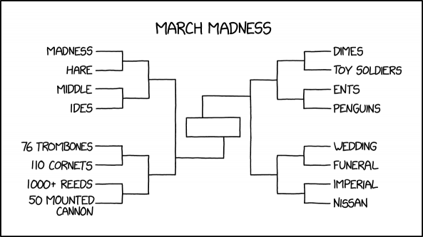 My bracket has 76 trombones led by John Philip Sousa facing off against thousands of emperor penguins led by Morgan Freeman.